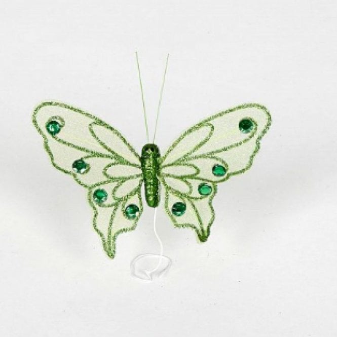 08 Organza Glitter Butterflies Green - Pack of 12