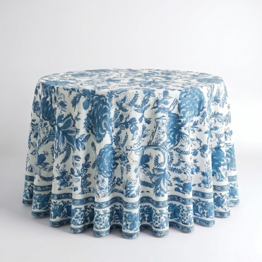 Amalfi Range Printed Tablecloth Ivory/Teal 132in Round