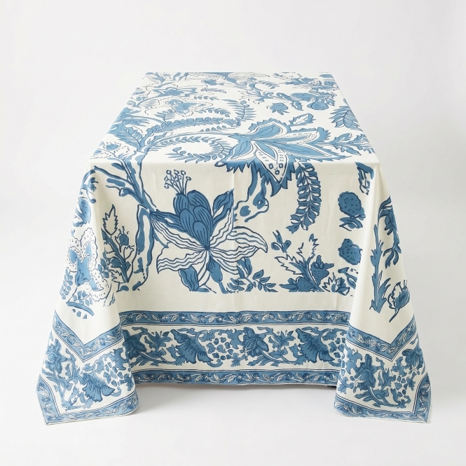 Amalfi Range Printed Tablecloth Ivory/Teal 90inx144in Rectangle
