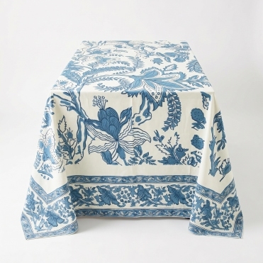 Amalfi Range Printed Tablecloth Ivory/Teal 90inx144in Rectangle