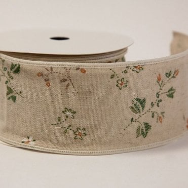 Burlap Floral Print Ribbon 3.8cm X 10Yard