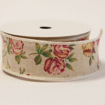 Burlap Rose Print Ribbon 3.8cm X 10Yard