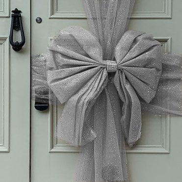 Decor Essentials Door Bow Tulle Silver Glitter