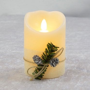 Decorated LED Wax Candle Xmas with Ivory Fabric Pine Cone