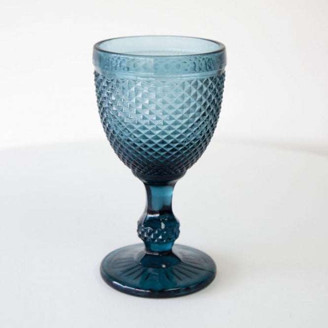 Diamond Embossed Glass Goblet Blue