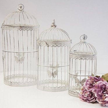 Vintage White Round Birdcage Set Of 3 Yw1460