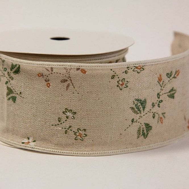 Burlap Floral Print Ribbon 3.8cm X 10Yard