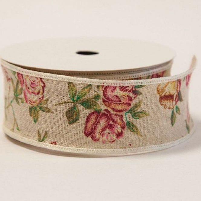 Burlap Rose Print Ribbon 6cm X 10Yard