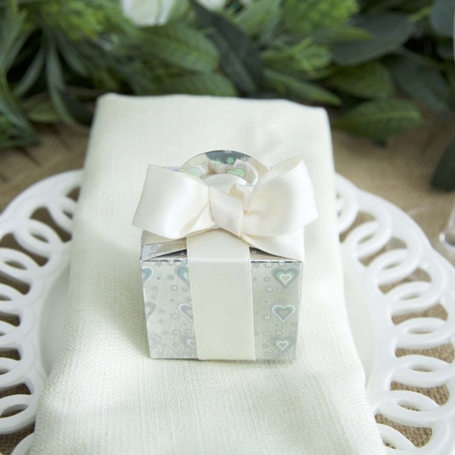 Favour Boxes Square With Silver Holographic Hearts 10 Pack