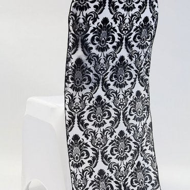 Flock Damask Full Length Banquet Cap White/Black - Pack of 100