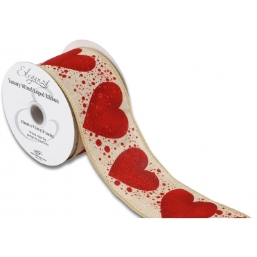 Large Hearts Dots Natural Ribbon  63mm x 9.1m