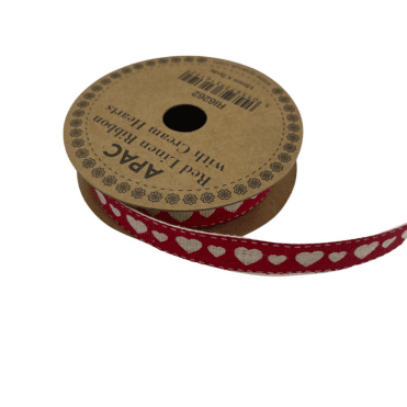 Linen Red Ribbon With Cream Hearts 15mmx5yd