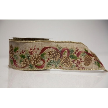 Natural Burlap Xmas Cone Ribbon 63mmx10yd
