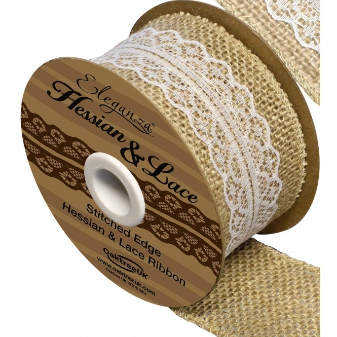 Natural Hessian Ribbon with White Lace 50mm
