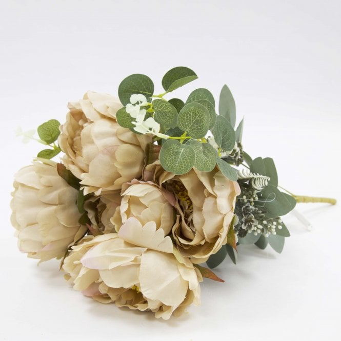 Peony Pongee Eucal Bunch 8 Head Mocha