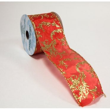 Red Damask Design Ribbon 63mm x10yds