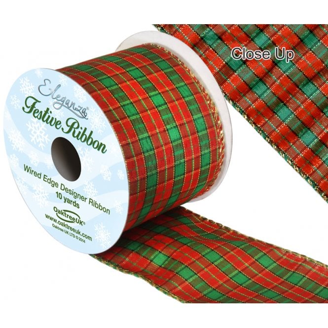 Red/Green Tartan Ribbon with Gold Wire Edging 63mm x 10yds