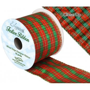 Red/Green Tartan Ribbon with Gold Wire Edging 63mm x 10yds
