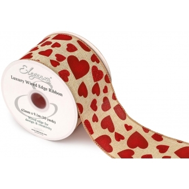 Red Hearts Natural Ribbon 63mm x 9.1m