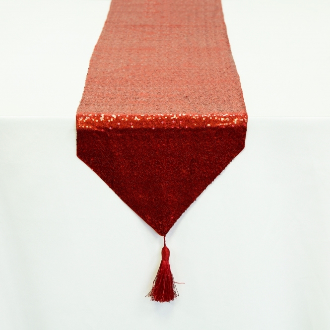 Sequin Table Runner Tassel Red 30x250cm