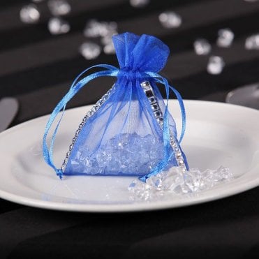 Sheer Organza Favour Bag With Diamante Ribbon Blue Pack of 100