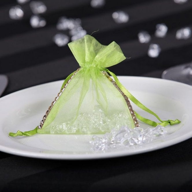 Sheer Organza Favour Bag With Diamante Ribbon Lime Pack of 100