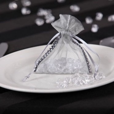 Sheer Organza Favour Bag With Diamante Ribbon Silver Pack of 100