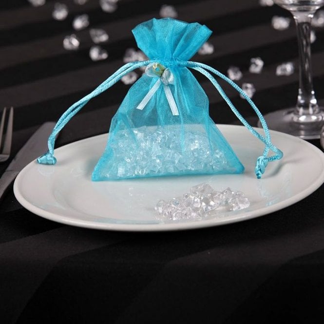 Sheer Organza favour Bags With Rose Bud Light Blue Pack of 10