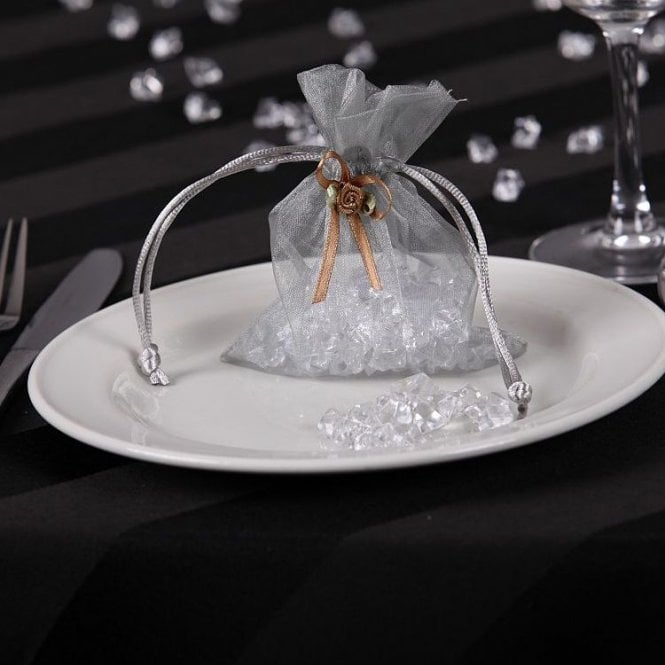 Sheer Organza Favour Bags With Rose Bud Silver Pack of 10
