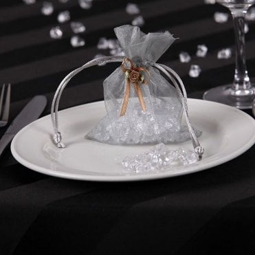Sheer Organza Favour Bags With Rose Bud Silver Pack of 10