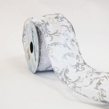 Silver Damask Design Wired Organza Ribbon 63mmx10yd