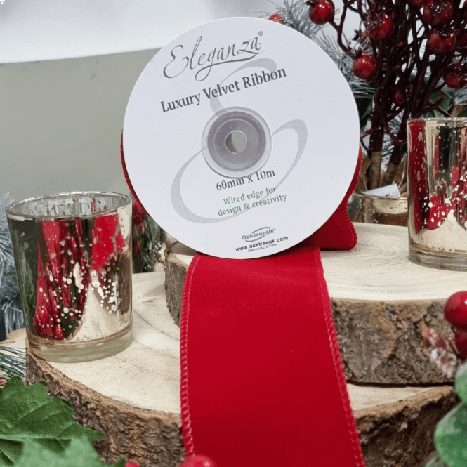 Velvet Ribbon With Wired Edge Red 60mm X 10M