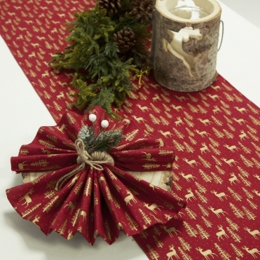 Xmas Napkin Set Red/Gold Reindeer Metallic 6 Napkins 1 Runner