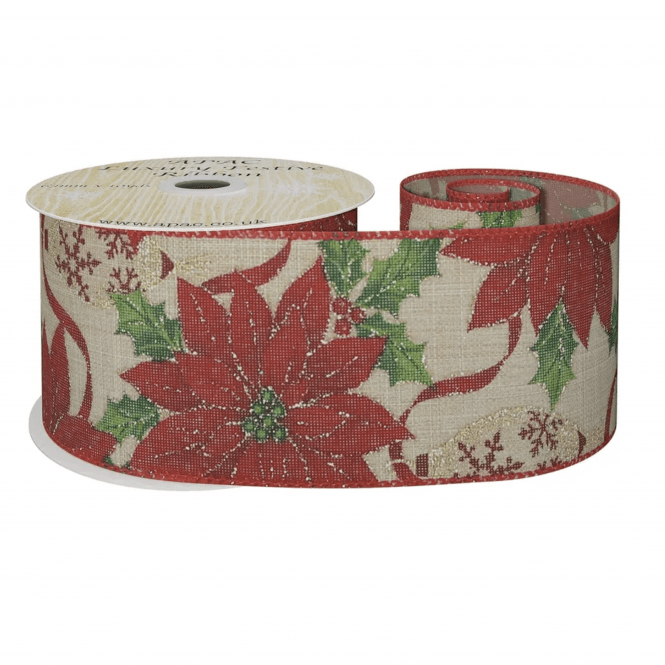 Xmas Red Poinsettia and Bauble Ribbon 63mm x 10 yd