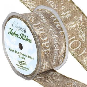 Xmas Ribbon Gold Natural Holly 50mm X 10yds