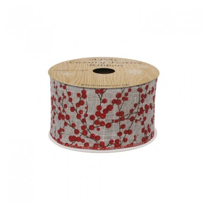Xmas Ribbon Grey With Red Glitter Berries