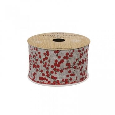 Xmas Ribbon Grey With Red Glitter Berries