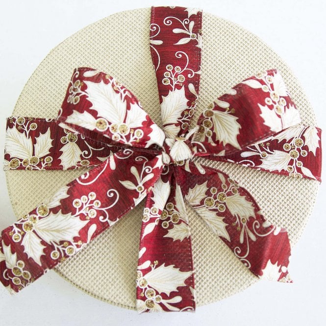 Xmas Ribbon Holly/Mistletoe Burg/Gold 38mmx9.1M