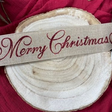 Xmas Ribbon Merry Christmas Natural With Red Glitter