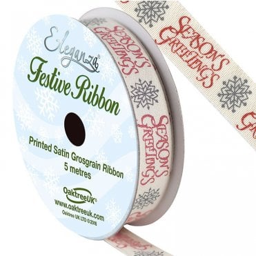 Xmas Ribbon Natural Cotton Seasons Greetings 15Mx5M