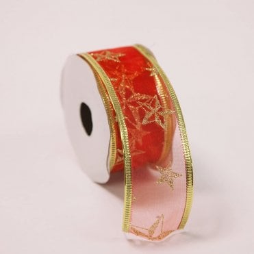 Xmas Ribbon Red With Gold Glitter Stars 38X3