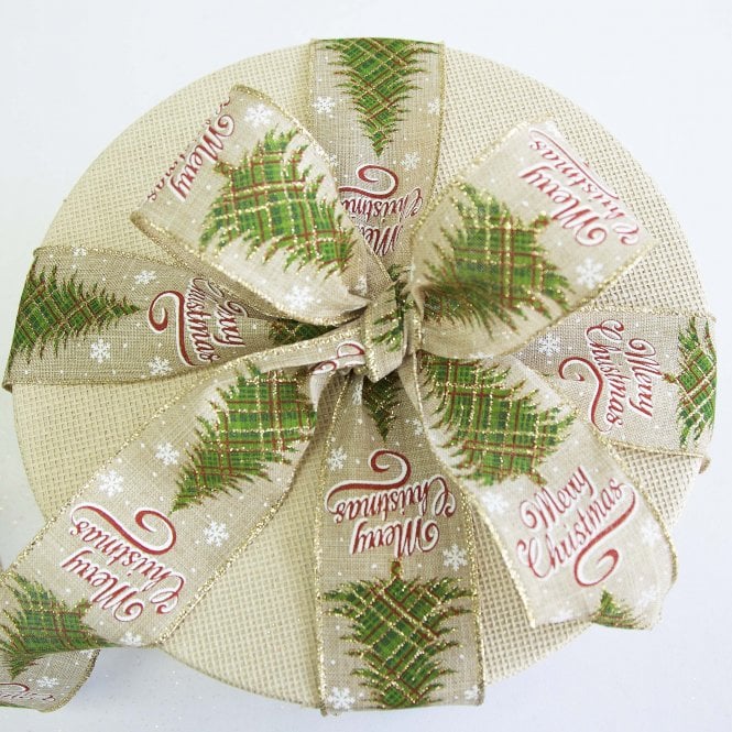 Xmas Ribbon Xmas Tree/ Merry Xmas Natural 63mm x 9.1m