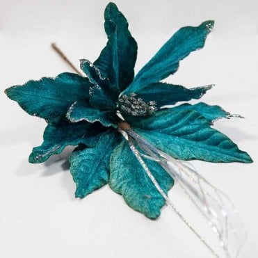 Xmas Velvet Poinsettia Spray Teal 53cm