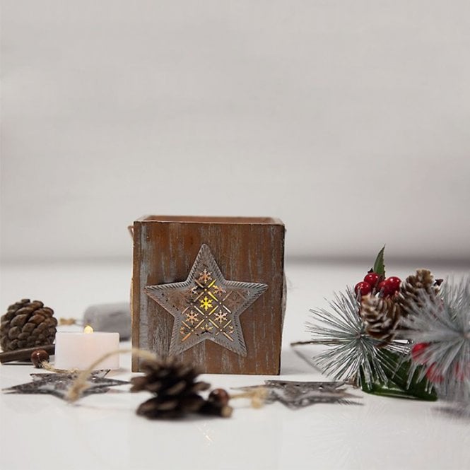 Xmas Wooden Lantern With Glass Voltive Star