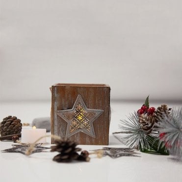 Xmas Wooden Lantern With Glass Voltive Star