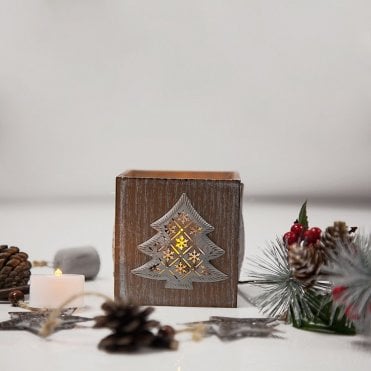 Xmas Wooden Lantern With Glass Voltive Tree